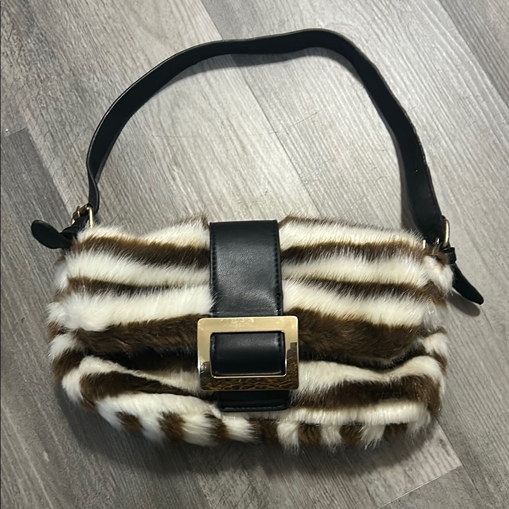 Brown and White Faux Fur Shoulder Bag